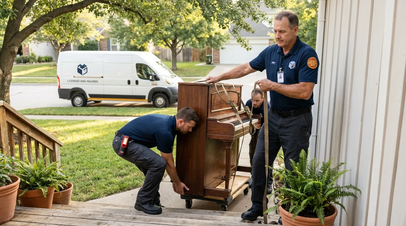 Licensed piano movers securing grand piano in Snoqualmie, WA