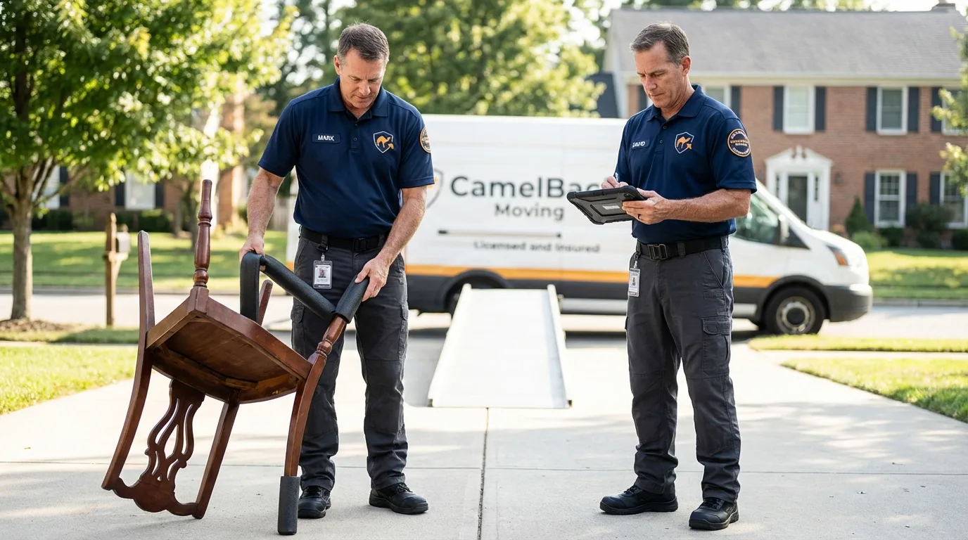 Movers inspecting furniture for damage prevention before loading in Snoqualmie, WA